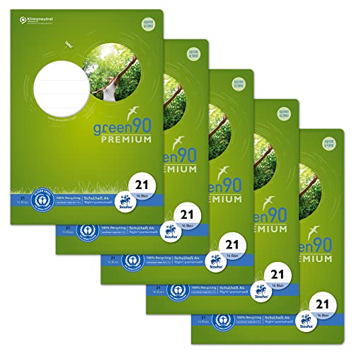 Staufen Green Heft - DIN A4, Lineatur 21 (9mm liniert), 16 Blatt, premiumweißes 90g/m² Recyclingpapier, runde Ecken verhindern „Eselsohren“, 4 verschiedene Motive (keine Auswahl möglich), 5 Stück von Staufen