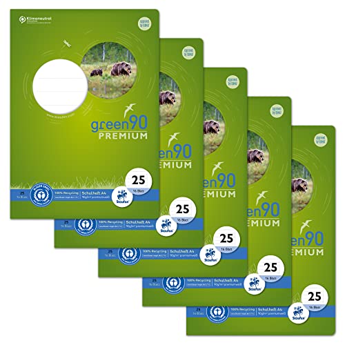 Staufen Green Heft - DIN A4, Lineatur 25 (liniert mit Rand), 16 Blatt, premiumweißes 90g/m² Recyclingpapier, runde Ecken verhindern „Eselsohren“, 4 verschiedene Motive (keine Auswahl möglich), 5 Stück von Staufen