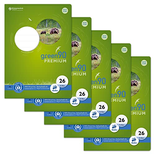 Staufen Green Heft - DIN A4, Lineatur 26 (kariert mit Rand), 16 Blatt, premiumweißes 90g/m² Recyclingpapier, runde Ecken verhindern „Eselsohren“, 4 verschiedene Motive (keine Auswahl möglich), 5 Stück von Staufen