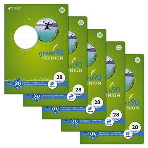 Staufen Green Heft - DIN A4, Lineatur 28 (5mm kariert mit Randlinien), 16 Blatt, premiumweißes 90g/m² Recyclingpapier, runde Ecken verhindern „Eselsohren“, 5 Stück von Staufen