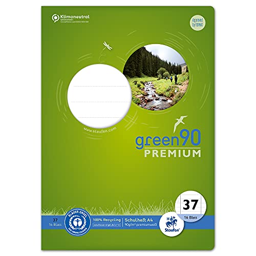 Staufen Green Heft - DIN A4, Lineatur 37 (9mm liniert, Rand perforiert), 16 Blatt, 90g/m² Recyclingpapier, runde Ecken verhindern „Eselsohren“, 4 verschiedene Motive (keine Auswahl möglich), 1 Stück von Staufen