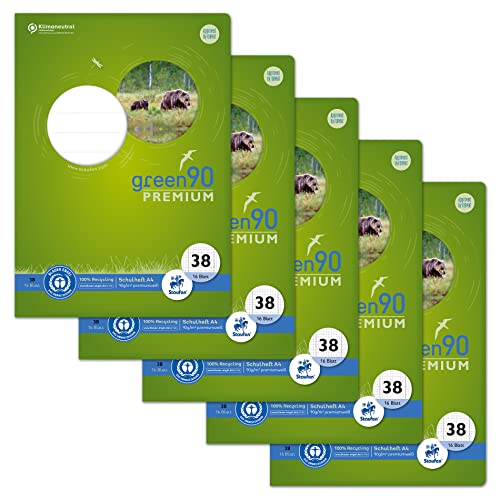 Staufen Green Heft - DIN A4, Lineatur 38 (5mm kariert, Rand perforiert), 16 Blatt, 90g/m² Recyclingpapier, runde Ecken verhindern „Eselsohren“, 4 verschiedene Motive (keine Auswahl möglich), 5 Stück von Staufen