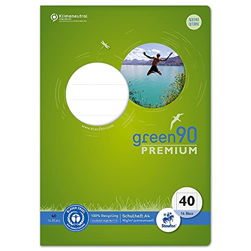 Staufen Green Heft - DIN A4, Lineatur 40 (5mm kariert mit Umrandung), 16 Blatt, 90g/m² Recyclingpapier, runde Ecken verhindern „Eselsohren“, 4 verschiedene Motive (keine Auswahl möglich), 1 Stück von Staufen