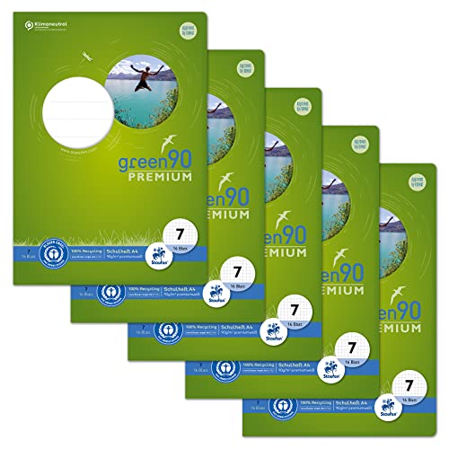 Staufen Green Heft - DIN A4, Lineatur 7 (7mm liniert), 16 Blatt, premiumweißes 90g/m² Recyclingpapier, runde Ecken verhindern „Eselsohren“, 4 verschiedene Motive (keine Auswahl möglich), 5 Stück von Staufen