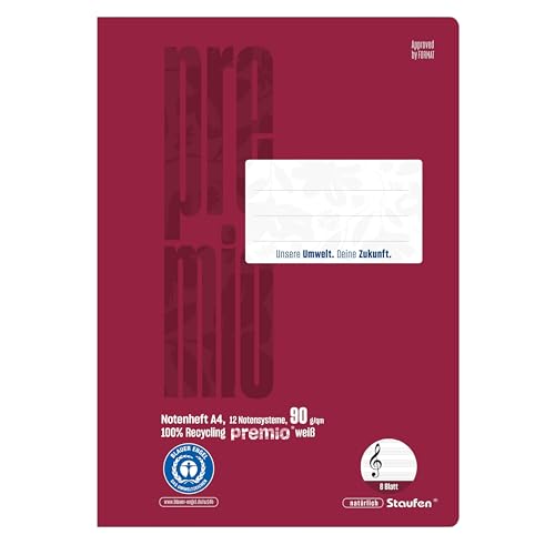 Staufen premio Notenheft - 5 Hefte je 8 Blatt, DIN A4, 12 Notensystem, premiumweißes 90g/m² Recyclingpapier, runde Ecken verhindern „Eselsohren“ von Staufen