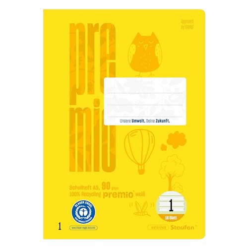 Staufen premio Schreiblernheft - 10 Hefte je 16 Blatt, DIN A5, Lineatur 1 (5/5/5mm liniert, farbig hinterlegte Lineatur), 90 g/m² Recyclingpapier, runde Ecken verhindern „Eselsohren“ von Staufen
