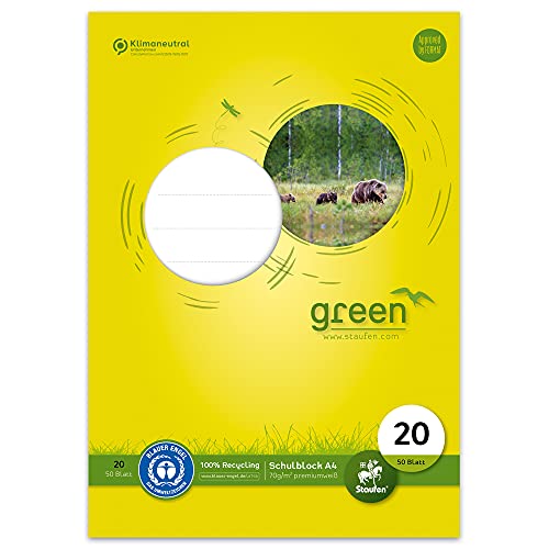 Staufen Green Schulblock - DIN A4, Lineatur 20 (blanko), 50 Blatt, 4-fach Lochung, premiumweißes 70g/m² Recyclingpapier, 1 Stück von Staufen