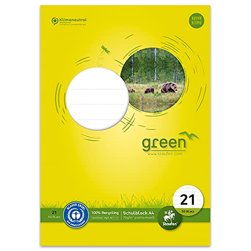 Staufen Green Schulblock - DIN A4, Lineatur 21 (9mm liniert), 50 Blatt, 4-fach Lochung, premiumweißes 70g/m² Recyclingpapier, 1 Stück von Staufen