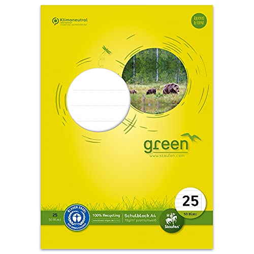 Staufen Green Schulblock - DIN A4, Lineatur 25 (9mm liniert mit Rand), 50 Blatt, 4-fach Lochung, premiumweißes 70g/m² Recyclingpapier, 1 Stück von Staufen
