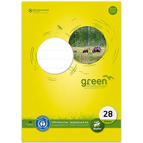 Staufen Green Schulblock - DIN A4, Lineatur 28 (5mm kariert mit Randlinien), 50 Blatt, 4-fach Lochung, premiumweißes 70g/m² Recyclingpapier, 1 Stück von Staufen