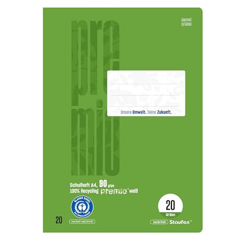 Staufen Green Schulheft - DIN A4, Lineatur 20 (blanko), 2 Hefte je 32 Blatt, 90 g/m² Recyclingpapier, runde Ecken verhindern „Eselsohren“ von Staufen