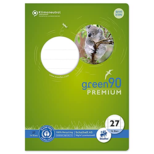 Staufen Green Schulheft - DIN A5, Lineatur 27 (9mm liniert m. Randlinie), 16 Blatt, 90g/m² Recyclingpapier, runde Ecken verhindern „Eselsohren“, 3 verschiedene Motive (keine Auswahl möglich), 1 Stück von Staufen