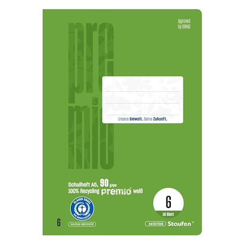 Staufen Green Schulheft - DIN A5, Lineatur 3 (14 Doppellinien), 10 Hefte je 16 Blatt, 90 g/m² Recyclingpapier, runde Ecken verhindern „Eselsohren“ von Staufen