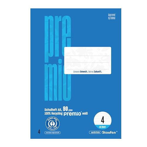 Staufen premio Schulheft - 10 Hefte je 16 Blatt, DIN A5, Lineatur 4 (liniert), 90 g/m² Recyclingpapier, runde Ecken verhindern „Eselsohren“ von Staufen