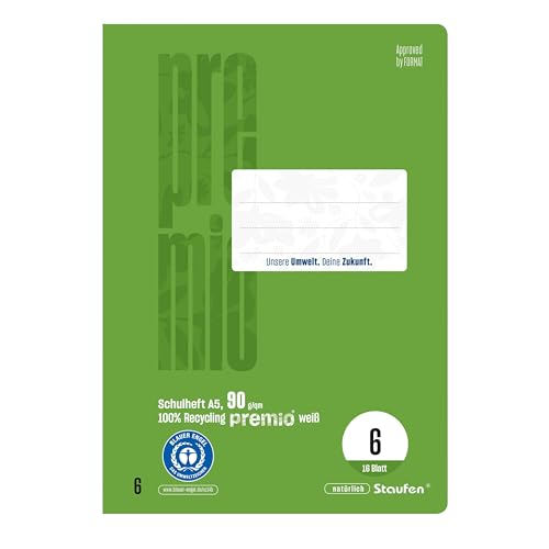 Staufen Green Schulheft - DIN A5, Lineatur 6 (blanko), 10 Hefte je 16 Blatt, 90 g/m² Recyclingpapier, runde Ecken verhindern „Eselsohren“ von Staufen