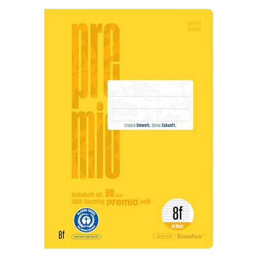 Staufen premio Schulheft - 10 Hefte je 16 Blatt, DIN A5, Lineatur 8f (5x7mm rautiert mit Rand), 90 g/m² Recyclingpapier, runde Ecken verhindern „Eselsohren“ von Staufen