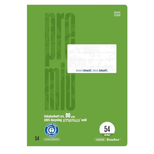 Staufen premio Vokabelheft - 2 Hefte je 40 Blatt, DIN A4, Lineatur 54 (Vokabelheft mit 2 Trennlinien), 90 g/m² Recyclingpapier, runde Ecken verhindern „Eselsohren“ von Staufen