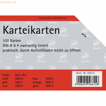 Staufen Karteikarten A6 liniert 180g/qm grün VE=100 Stück von Staufen