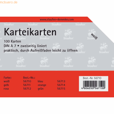 Staufen Karteikarten A7 liniert 180g/qm grün VE=100 Stück von Staufen