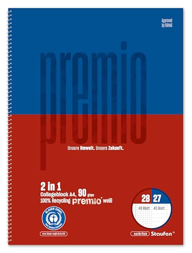 Staufen Premio Collegeblock TWICE - 5 Blöcke je 80 Blatt, DIN A4, Lineatur 27 (liniert) + Lineatur 28 (kariert), 4-fach Lochung, 90 g/m² Recyclingpapier von Staufen