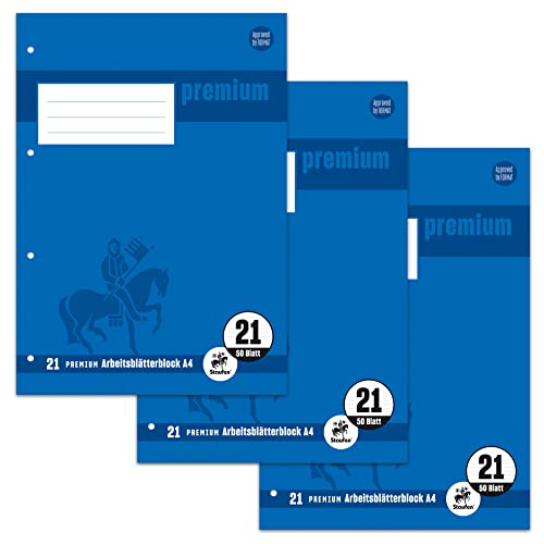Staufen Premium Arbeitsblätterblock - DIN A4, Lineatur 21 (9mm liniert), 50 Blatt, 4-fach Lochung, 90g/m² Premium Papier, 3 Stück von Staufen