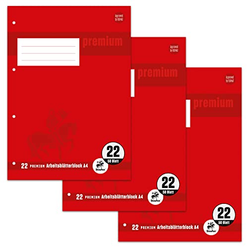 Staufen Premium Arbeitsblätterblock - DIN A4, Lineatur 22 (5mm kariert), 50 Blatt, 4-fach Lochung, 90g/m² Premium Papier, 3 Stück von Staufen