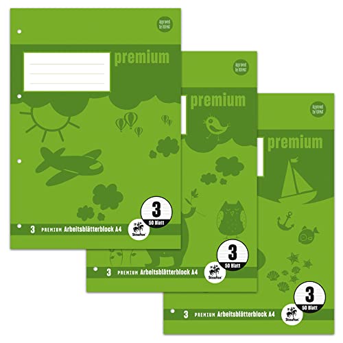 Staufen Premium Arbeitsblätterblock - DIN A4, Lineatur 3 (21 Doppellinien), 50 Blatt, 4-fach Lochung, 90g/m² Premium Papier, 3 Stück von Staufen