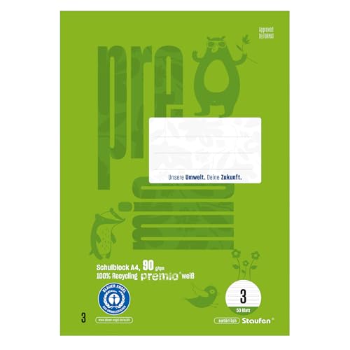 Staufen premio Schulblock - 5 Blöcke je 50 Blatt, Lineatur 3, DIN A4, 90 g/m², Doppellinien von Staufen