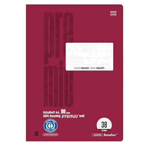 Staufen premio Schulheft - 1 Heft, 16 Blatt, DIN A4, Lineatur 38 (5mm kariert, Rand perforiert), 90 g/m² Recyclingpapier, runde Ecken verhindern „Eselsohren“ von Staufen