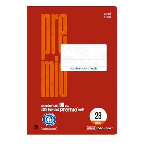 Staufen premio Schulheft - 10 Hefte je 16 Blatt, DIN A5, Lineatur 28 (5mm kariert m. Randlinie), 90 g/m² Recyclingpapier, runde Ecken verhindern „Eselsohren“ von Staufen
