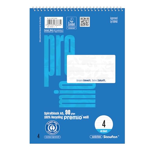 Staufen premio Spiralblock - 5 Blöcke je 40 Blatt, Lineatur 4, DIN A5, 90 g/m², liniert 9 mm Staufen premio Spiralblock - 5 Blöcke je 40 Blatt, Lineatur 4, DIN A5, 90 g/m², liniert 9 mm von Staufen