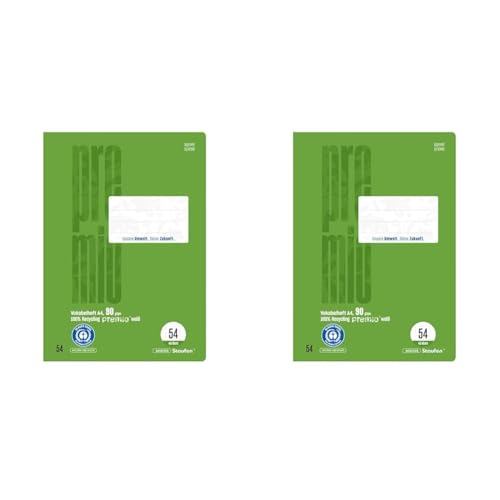 Staufen premio Vokabelheft - 2 Hefte je 40 Blatt, DIN A4, Lineatur 54 (Vokabelheft mit 2 Trennlinien), 90 g/m² Recyclingpapier, runde Ecken verhindern „Eselsohren“ (Packung mit 2) von Staufen
