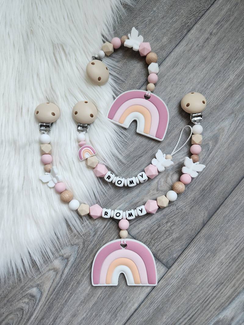 Schnullerkette Mit Wunschnamen Personalisiert Silikon Mädchen Regenbogen von StaysisShnullerkette