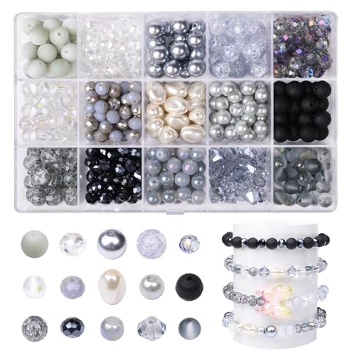 Glasperlen-Perlen-Set, 560 Stück, Acrylperlen, Set mit Löchern, runde Perlen für DIY-Schmuckherstellung, Halskette, Armband, Set (15 Farben) von Stealth stone
