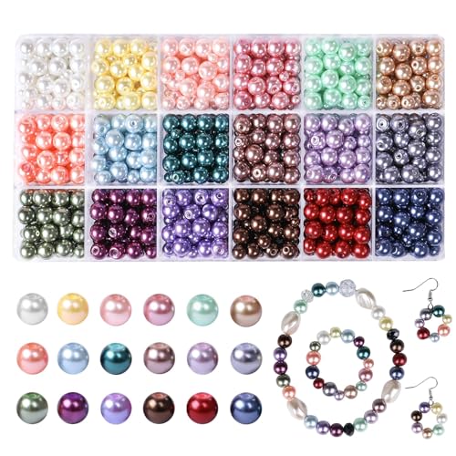 Glass Pearl Beads Kit 1050 Pcs Acrylic Pearl Beads Set with Holes Round Beads for DIY Jewellery Making Necklace Bracelet Making Kit (18-Colors) von Stealth stone