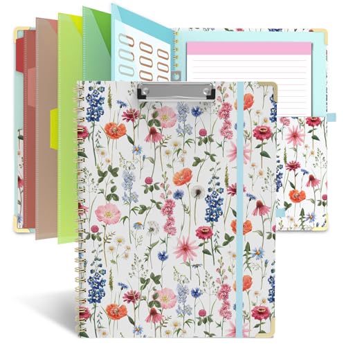 Klemmbrett-Folie mit Aufbewahrung, Klemmbretter, Padfolio-Notizbuch für Briefgröße (27,9 x 21,6 cm), Klemmbretter mit 10 Taschen und 5 Ordnern, Pflegelehrer, Schulutensilien (Wildblumen) von Steatory