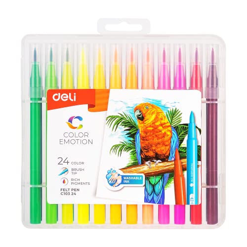 deli Kinder Pinsel Filzstifte Satz, 24 Farben, Waschbar Tinte, Kids Felt-tip Brush Pen Set, Washable Ink von deli