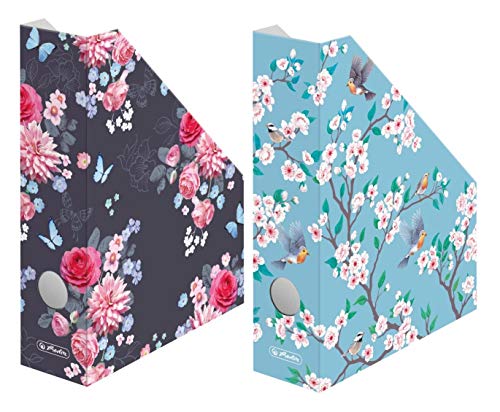 Stehordner - 2x DIN A4 'Flowers + Birds' - Weiß, Rechteckig, Pappe, Blumig mit Vögeln, Garten, Standordner, 297 x 210 mm, 100% Papier, Platzsparendes Archivieren von Stehordner
