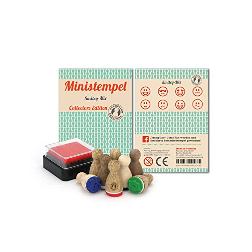 Stemplino 8 Ministempel Stempelset Smiley - aus Holz plus Stempelkissen, Mini Stempel Set Mix für Bullet Journal Embossing Scrapbooking Self-care tracker von Stemplino