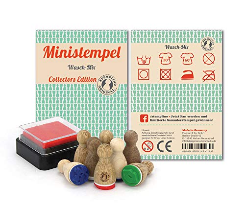 Stemplino Stempelset Wasch-Mix - 8 Ministempel aus Holz Plus Stempelkissen, Mini Stempel Set Mix Waschanleitung Etiketten selbstgemacht von Stemplino