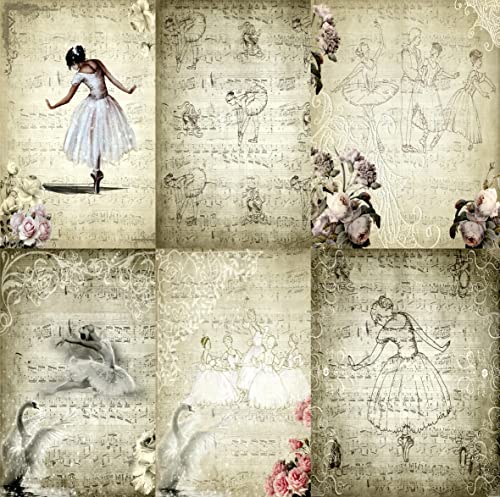 Ballett-Hintergrund, Maulbeer-Reispapier, 20,5 x 26,5 cm, 6 x verschiedene bedruckte Maulbeerpapier-Bilder, 30 g/m², sichtbare Fasern für Decoupage-Bastelarbeiten, gemischte Medien, Collage-Kunst von Stencil Company