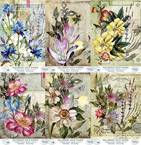 Blumen-Postkarte, Reispapier, 20,32 x 26,67 cm, 6 x verschiedene bedruckte Maulbeer-Papierbilder, 30 g/m², sichtbare Fasern für Decoupage-Bastelarbeiten, gemischte Medien, Collage-Kunst von Stencil Company