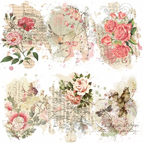 Rosen Birds Overlay Reispapier, 20,32 x 26,67 cm – 6 x verschiedene bedruckte Maulbeer-Papierbilder, 30 g/m², sichtbare Fasern für Decoupage-Bastelarbeiten, gemischte Medien, Collage-Kunst von Stencil Company