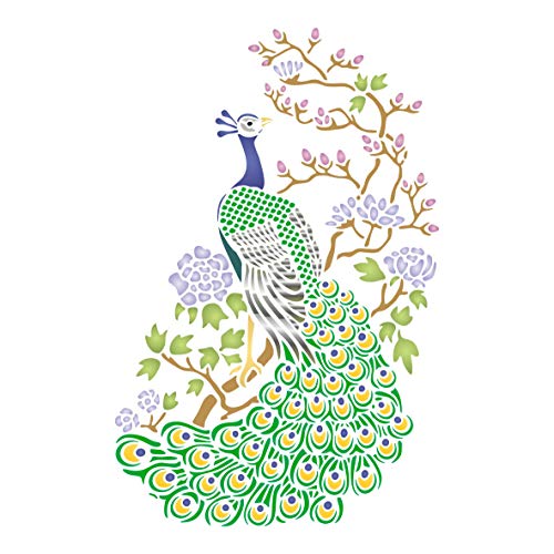 Schablone, orientalisch, Pfau, 16,51 x 25,40 cm (S) – Stencil Company Original Chinesischer Japanischer asiatischer Pfau Vogel und Blütenbaum von Stencil Company