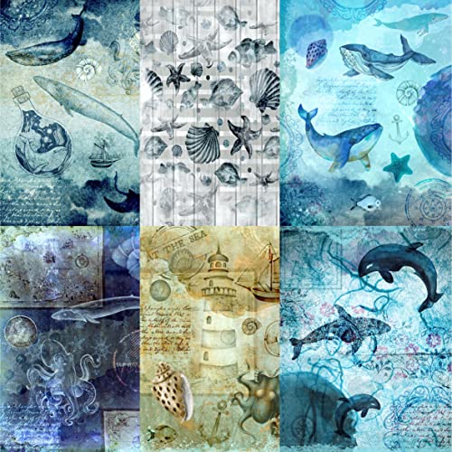 Sea Life Theme Maulbeere Reispapier, 20,5 x 26,5 cm – 6 x verschiedene bedruckte Maulbeerpapierbilder, 30 g/m², sichtbare Fasern für Decoupage-Bastelarbeiten, gemischte Medien, Collage-Kunst von Stencil Company