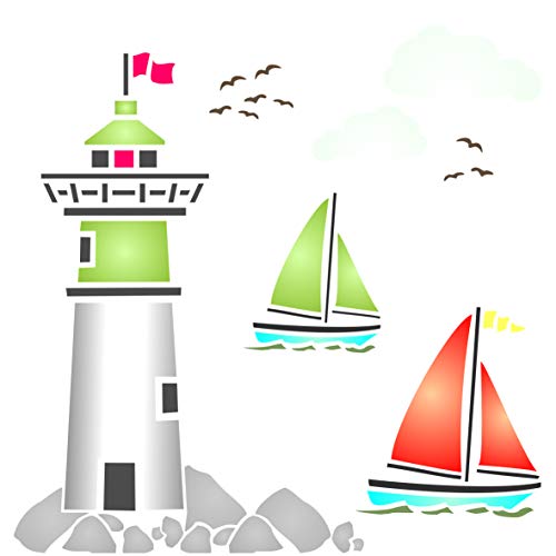 Stencil Company - Dekorationsschablone, 21,5 cm x 21,5 cm (L) – Wiederverwendbare Meer Ozean Nautische Segelboote Wolken Wand-Schablone von Stencil Company
