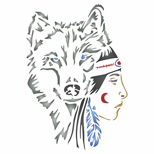 Stencil Company Wolf Girl Schablone, 21,59 x 33 cm - Indianer-Beschützer der Seelen Spirit Guide Kopfschmuck Schablone zum Malen von Stencil Company