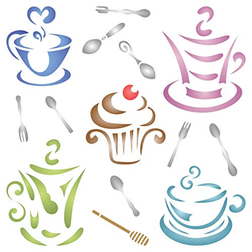 Coffee n Cake Schablone, 11,4 x 11,4 cm (S) – stilisierte dekorative Bilder Kaffeetasse und Cupcake-Schablonen Schablone zum Malen von Stencils for Walls