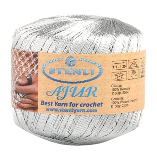 Viscose Garn Hellgrau Silber mit Glitzer Zum Häkeln und Sticken 1 mm, 50 gr, 250 m Viscose Garn Hellgrau Silber mit Glitzer Zum Häkeln und Sticken 1 mm, 50 gr, 250 m von Stenli