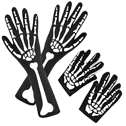 Steowsey 2 Paar Halloween Skeleton Handschuhe mit Skeleton Armmanschette Vollfinger Langarm Skeleton Handschuhe für Kinder und Erwachsene von Steowsey